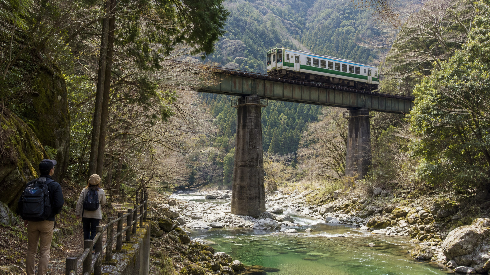 川沿いの遊歩道を歩く二人と、鉄橋を渡る普通列車のイメージ写真