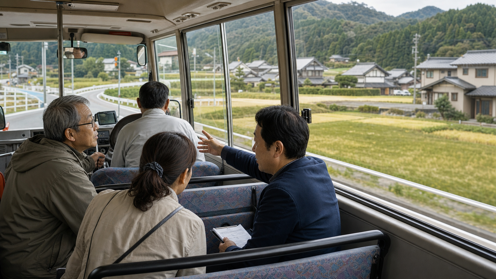 山あいの集落を走るコミュニティバスの車内。座席に座る高齢の住民と、書類を手にした自治体の担当者が窓の外の集落を指しながら話している