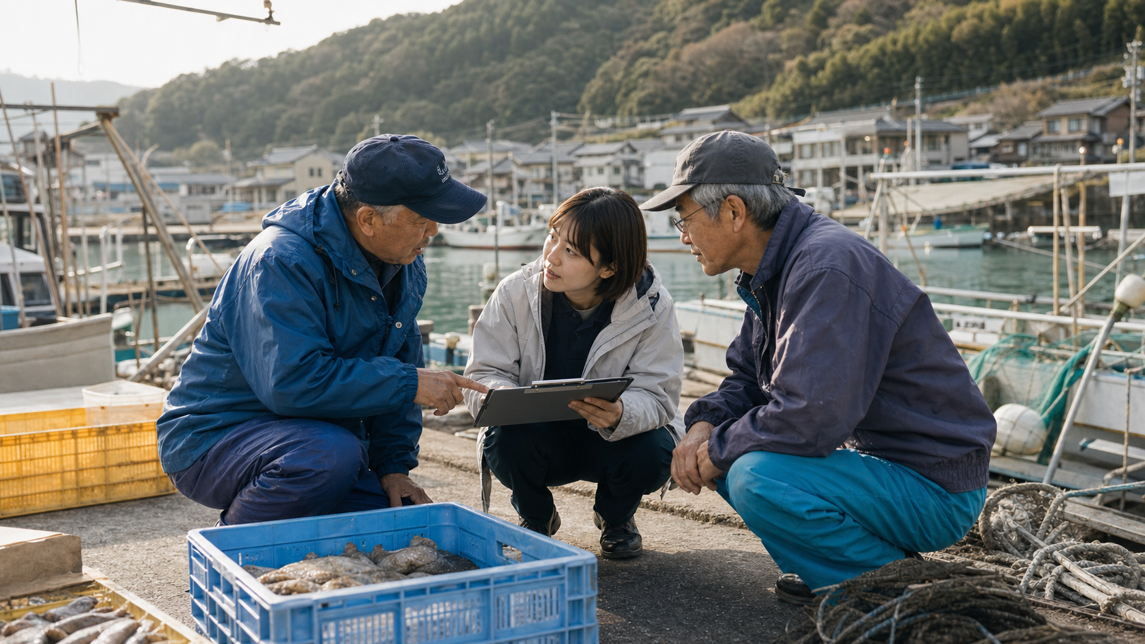 漁港の岸壁で、水揚げされた魚の入ったケースを前に自治体の担当者と二人の漁業者が話し込んでいる