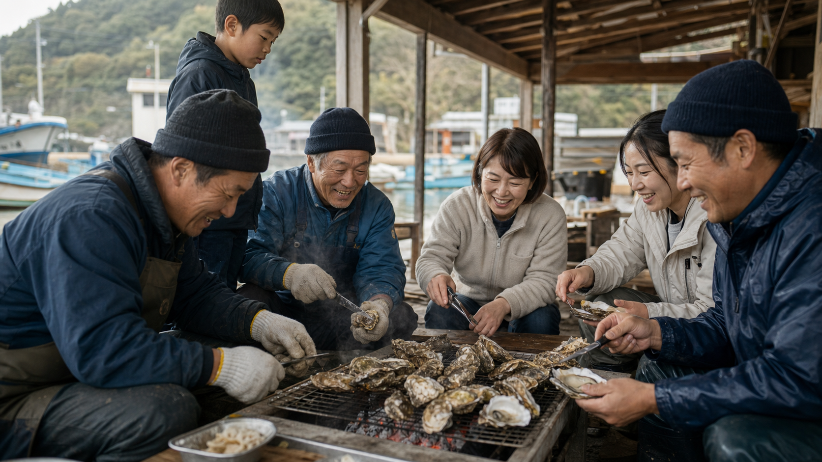 漁港の作業小屋で、殻付きの牡蠣を炭火の網に並べて囲む人たち