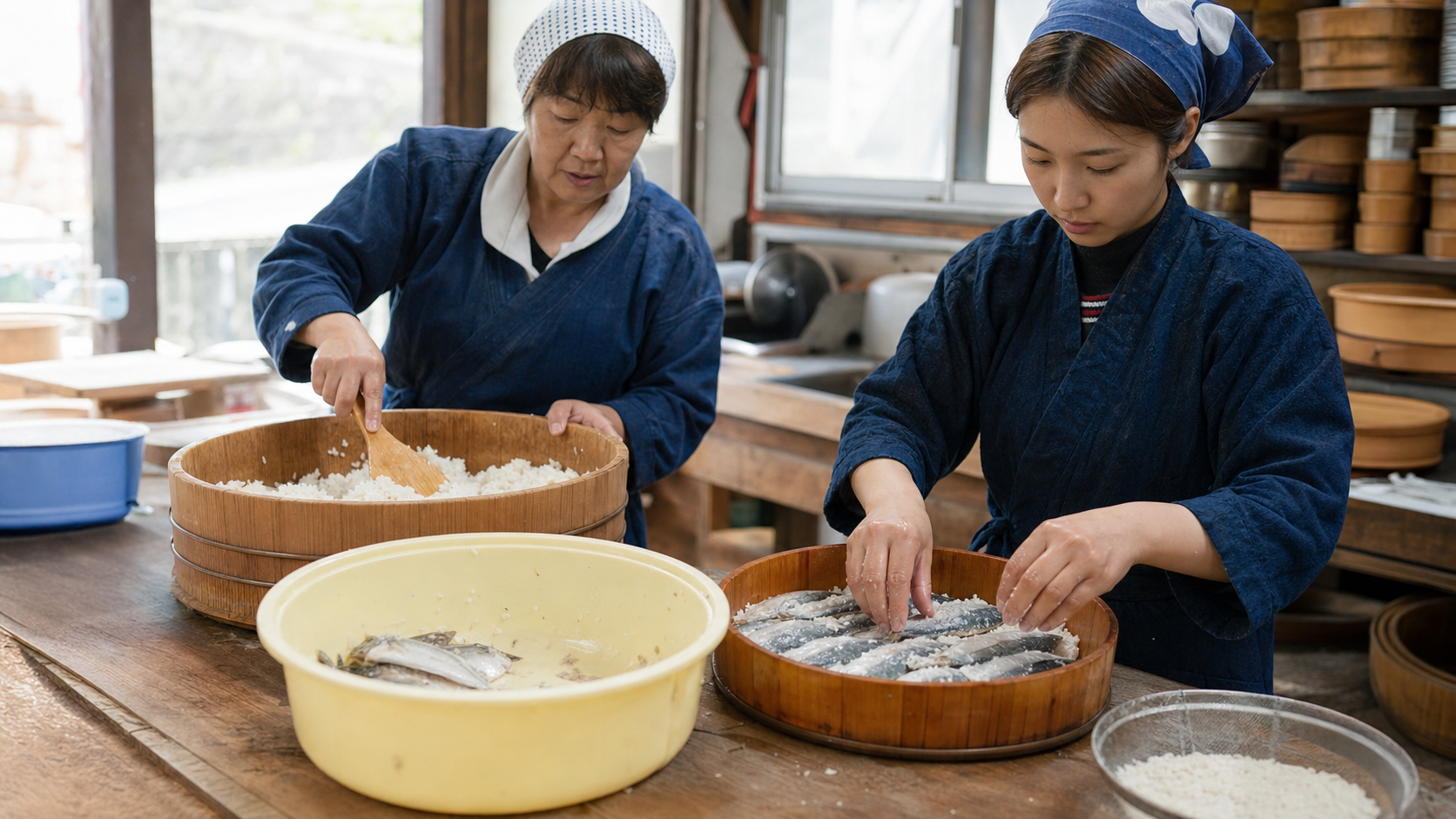 桶に並べた魚に手作業で塩と米をあてる、産地の加工場の様子